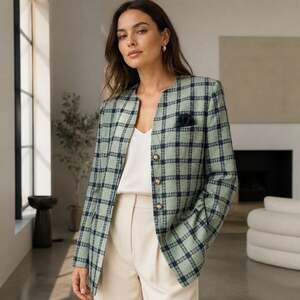 Kasper A.S.L. Vintage Green and Navy Plaid Viscose Blazer Size 8